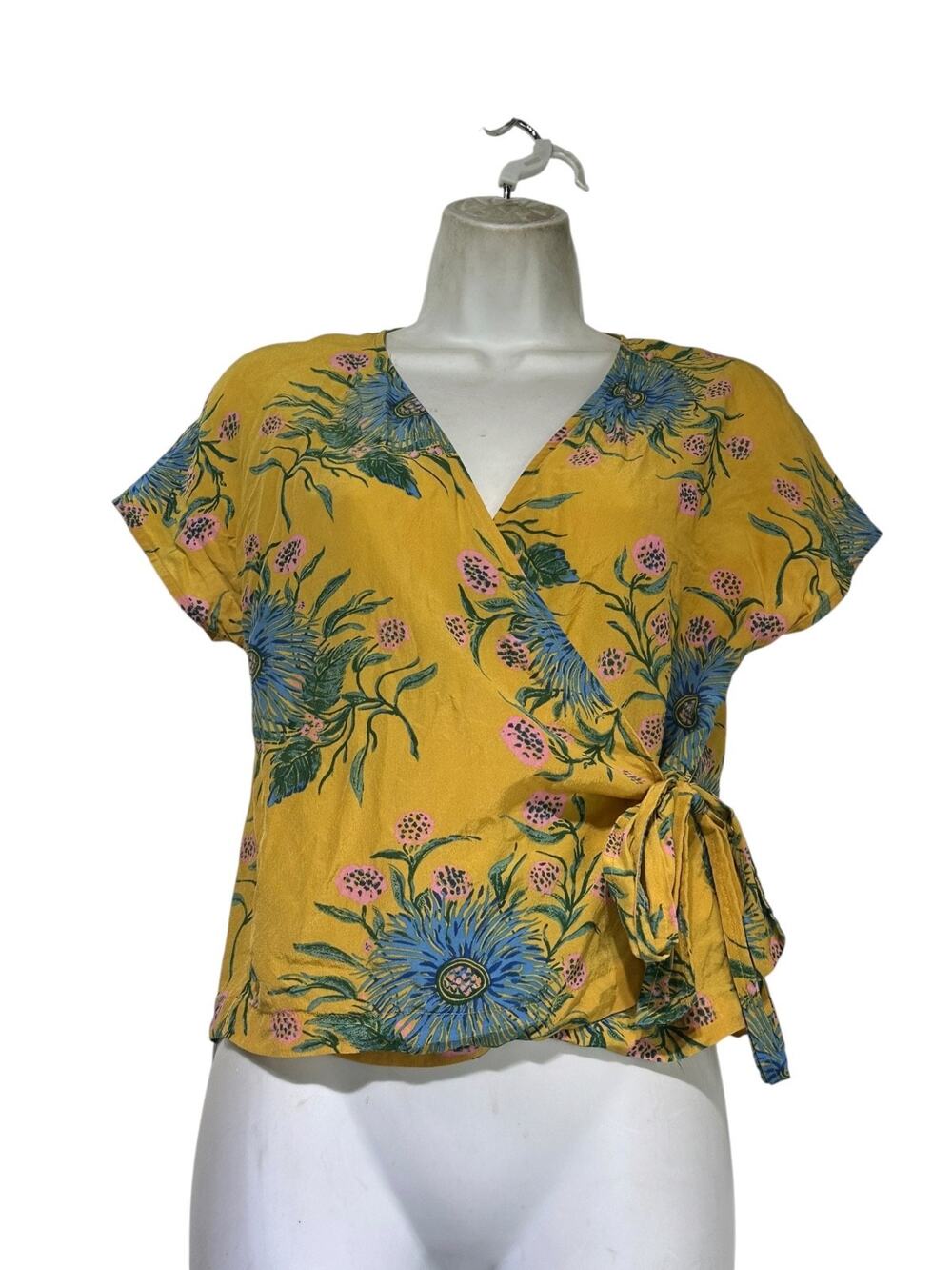 Madewell Women’s Size XS Silk Mustard Floral Wrap Tie Blouse Top